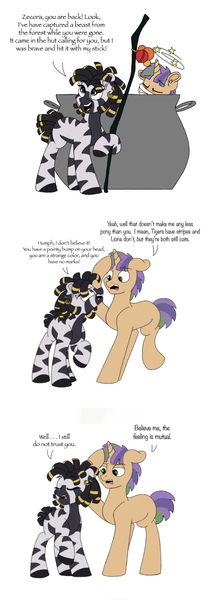 Size: 642x1813 | Tagged: safe, artist:pastel-charms, derpibooru import, oc, oc:kiara, oc:pinetree, pony, unicorn, zebra, cauldron, colt, female, male, offspring, parent:timber spruce, parent:twilight sparkle, parents:timbertwi