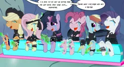 Size: 2333x1272 | Tagged: semi-grimdark, suggestive, alternate version, artist:darktailsko, artist:placeholder, color edit, derpibooru import, edit, mean applejack, mean fluttershy, mean pinkie pie, mean rainbow dash, mean rarity, mean twilight sparkle, queen chrysalis, alicorn, earth pony, parasprite, pegasus, pony, unicorn, the mean 6, alternate hairstyle, bandana, body writing, bondage, broken horn, brush, cape, clone, clone six, cloth, clothes, colored, commission, cowboy hat, crying, dialogue, erotic tickling, evil rainbow dash, eyes closed, feather, female, females only, femdom, femsub, fetish, freckles, grammar error, hairbrush, hat, hoof fetish, hoof tickling, hoof wraps, implied chrysalis, laughing, levitation, licking, magic, magic suppression, mane six, mare, mean six, messy mane, misspelling, one eye closed, open mouth, paint, paintbrush, painting, pen, revenge, rope, rope bondage, scarf, speech bubble, stocks, submissive, tape, tears of laughter, telekinesis, tickle fetish, tickle torture, tickling, tongue out, underhoof, wall of tags