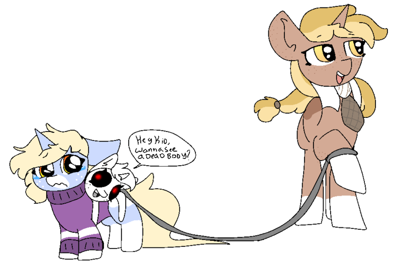 Size: 940x630 | Tagged: semi-grimdark, artist:nootaz, derpibooru import, oc, oc:nootaz, oc:nora swirl, pony, unicorn, black sclera, child leash, clothes, crying, female, filly, mare, noot abuse, simple background, speech, sweater, transparent background