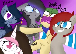 Size: 1023x731 | Tagged: safe, artist:feelingpandy, derpibooru import, oc, oc:eclipsed moonwolf, oc:lunar stride, oc:mossy vine, oc:ponepony, oc:razzy jazzy, unofficial characters only, bat pony, earth pony, pegasus, pony, unicorn, :p, abstract background, base used, cute, dialogue, group photo, heart eyes, silly, tongue out, wingding eyes
