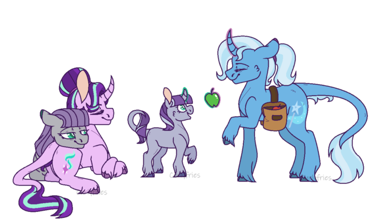 Size: 1024x591 | Tagged: safe, artist:curlyfriesarenice, artist:echabi, derpibooru import, maud pie, starlight glimmer, trixie, oc, oc:mystic quarry, classical unicorn, pony, unicorn, apple, cloven hooves, curved horn, family, female, filly, food, glowing horn, leonine tail, lesbian, magic, magical lesbian spawn, magical threesome spawn, mauxie, multiple parents, offspring, parent:maud pie, parent:starlight glimmer, parent:trixie, parents:starmauxie, polyamory, shipping, simple background, starmaud, starmauxie, startrix, telekinesis, transparent background, unshorn fetlocks