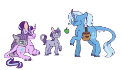 Size: 1024x591 | Tagged: safe, artist:curlyfriesarenice, artist:echabi, derpibooru import, maud pie, starlight glimmer, trixie, oc, oc:mystic quarry, classical unicorn, pony, unicorn, apple, cloven hooves, curved horn, family, female, filly, food, glowing horn, leonine tail, lesbian, magic, magical lesbian spawn, magical threesome spawn, mauxie, multiple parents, offspring, parent:maud pie, parent:starlight glimmer, parent:trixie, parents:starmauxie, polyamory, shipping, simple background, starmaud, starmauxie, startrix, telekinesis, transparent background, unshorn fetlocks