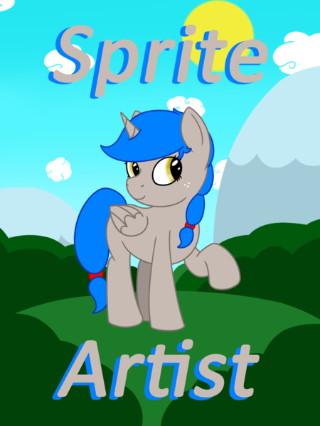 Size: 900x1200 | Tagged: alicorn, alicorn oc, artist:spritepony, badge, bush, cloud, convention badge, derpibooru import, hill, oc, oc:sprite, safe, solo, standing, text, unofficial characters only