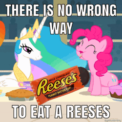 Size: 750x750 | Tagged: a bird in the hoof, animated, chewing, chocolate, cute, derpibooru import, diapinkes, eating, edit, edited screencap, food, gif, meme, nom, peanut butter, pinkie pie, princess celestia, reese's, reese's peanut butter cups, safe, screencap, there is no wrong way to fantasize