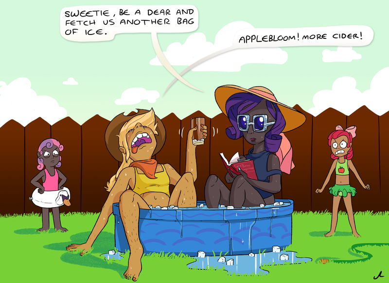 Size: 4400x3200 | Tagged: angry, apple bloom, applejack, artist:docwario, bandana, barefoot, belly button, book, chocolarity, clothes, dark skin, derpibooru import, drink, feet, female, fence, glass, hairy legs, hand on hip, human, human coloration, humanized, ice, ice cube, midriff, nail polish, open mouth, quartet, rarity, safe, sisters, speech bubble, sunglasses, sweetie belle, swimming pool, swimsuit, water