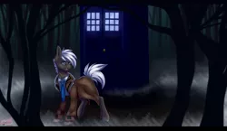 Size: 2930x1700 | Tagged: safe, artist:pinktabico, derpibooru import, oc, unofficial characters only, pony, bbc, clothes, commission, doctor who, forest, male, open mouth, scenery, tardis