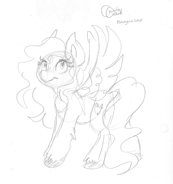 Size: 1366x1455 | Tagged: safe, artist:crunchycrowe, derpibooru import, oc, oc:tail, unofficial characters only, pegasus, pony, bronycon, bronycon 2018, one minute sketch, sketch, sketch commission, solo