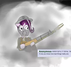 Size: 572x538 | Tagged: artist needed, color, derpibooru import, drawthread, gas mask, glimmer, gun, helmet, if only you knew how bad things really are, mask, /mlp/, parody, s5 starlight, safe, smoke, staff, staff of sameness, starlight glimmer, weapon