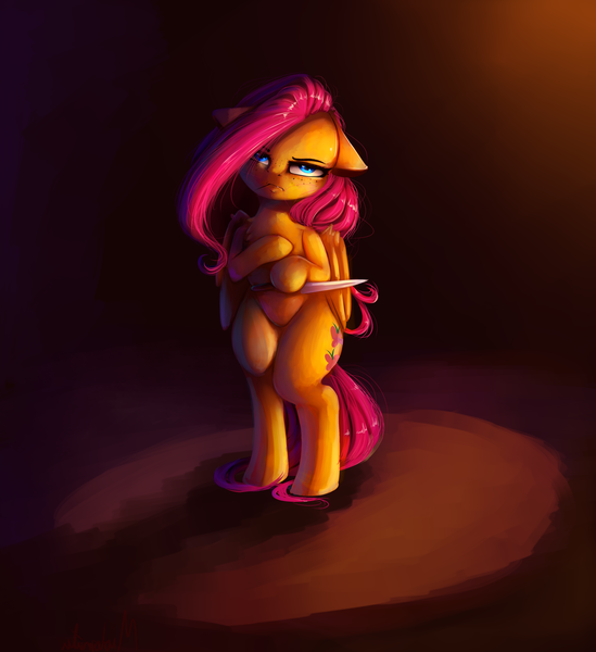 Size: 3200x3500 | Tagged: safe, artist:miokomata, derpibooru import, fluttershy, pegasus, pony, bipedal, dark, female, head tilt, knife, looking at you, mare, serious, serious face, solo, toothpick