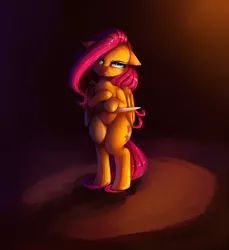 Size: 3200x3500 | Tagged: safe, artist:miokomata, derpibooru import, fluttershy, pegasus, pony, bipedal, dark, female, head tilt, knife, looking at you, mare, serious, serious face, solo, toothpick