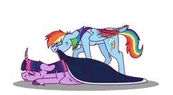 Size: 1024x561 | Tagged: safe, artist:curlyfriesarenice, artist:echabi, derpibooru import, rainbow dash, twilight sparkle, twilight sparkle (alicorn), alicorn, pegasus, pony, blanket, cloven hooves, colored wings, curved horn, cutie mark, eyes closed, female, lesbian, mare, mouth hold, shipping, simple background, sleeping, story included, transparent background, tucking in, twidash