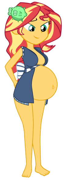 Size: 1253x3470 | Tagged: questionable, alternate version, artist:myfavoritepreggopics, artist:pacificside18, derpibooru import, edit, editor:marno, sunset shimmer, eqg summertime shorts, equestria girls, good vibes, barefoot, belly, belly button, big belly, breasts, feet, female, looking down, pregnant, show accurate, simple background, solo, solo female, sunset preggers, sunset sushi, transparent background