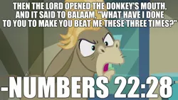 Size: 1920x1080 | Tagged: a friend in deed, angry, balaam, bible, bible verse, cranky doodle donkey, derpibooru import, donkey, edit, edited screencap, editor:useraccount, god, image macro, meme, religion, screencap, semi-grimdark, talking, talking animal, the book of numbers