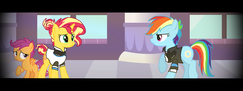 Size: 1024x386 | Tagged: android, artist:dreadmaster231, artist:flipwix, artist:libbythekautz, black bars, canterlot, canterlot castle, cinematic, clothes, confrontation, derpibooru import, detroit: become human, hiding, rainbow dash, safe, scootaloo, sunset shimmer, vector, vignette, widescreen