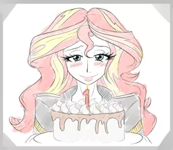 Size: 2300x2000 | Tagged: safe, artist:albertbm, derpibooru import, sunset shimmer, equestria girls, cake, clothes, coloring, dessert, food, frosting, smiling, solo, traditional art, whipped cream