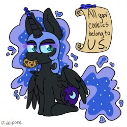 Size: 900x900 | Tagged: safe, artist:pink-pone, derpibooru import, nightmare moon, pony, all your base are belong to us, colored eyelashes, cookie, food, magic, mouth hold, scroll, sitting, solo, typo of unintentional hilarity