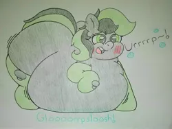 Size: 4032x3024 | Tagged: safe, artist:dorky-oreo-pone, derpibooru import, oc, oc:varah bubble, unofficial characters only, pony, belly, big belly, blushing, burp, chubby, chubby cheeks, fat, female, huge belly, obese, simple background, solo, squishy, stomach noise, traditional art