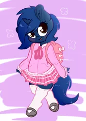 Size: 3361x4744 | Tagged: safe, artist:wickedsilly, derpibooru import, oc, oc:starlight blossom, unofficial characters only, anthro, unguligrade anthro, unicorn, anthro oc, backpack, clothes, cute, female, image, looking back, mary janes, miniskirt, moe, ocbetes, pleated skirt, png, school uniform, shoes, skirt, socks, solo, thigh highs