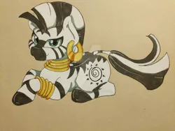 Size: 1024x768 | Tagged: artist:demise-the-art-demon, derpibooru import, deviantart watermark, ear piercing, earring, female, jewelry, lying down, piercing, prone, safe, simple background, smiling, solo, traditional art, watermark, zebra, zecora