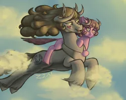 Size: 5000x4000 | Tagged: safe, artist:zintenka, derpibooru import, oc, oc:dappled crag, oc:rhine crag, unofficial characters only, bicorn, pony, absurd resolution, airborne, blank flank, cloud, cutie mark, female, filly, flying, looking at each other, mare, mother and daughter, sunset, unshorn fetlocks