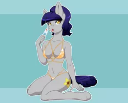 Size: 2646x2127 | Tagged: suggestive, artist:heartscharm, derpibooru import, oc, oc:fruity blossom, unofficial characters only, anthro, earth pony, unguligrade anthro, anthro oc, bikini, bikini bottom, bikini top, breasts, clothes, female, food, hooves, mare, popsicle, simple background, swimsuit, tongue out
