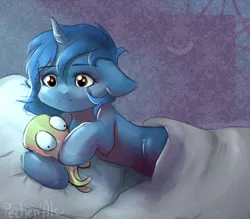 Size: 1144x1000 | Tagged: safe, artist:pechenak, derpibooru import, oc, oc:starlight blossom, unicorn, bed, blanket, cute, female, filly, laying on bed, pillow, plushie