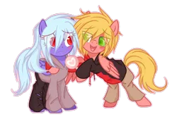 Size: 1600x1084 | Tagged: safe, artist:snowbunny0820, derpibooru import, oc, oc:finlay, oc:snowbunny, unofficial characters only, pegasus, pony, base used, candy, clothes, eye clipping through hair, female, food, hair over one eye, hoodie, hoof hold, lollipop, male, mare, pants, simple background, stallion, transparent background