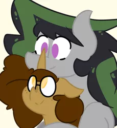 Size: 1238x1351 | Tagged: safe, artist:somefrigginnerd, derpibooru import, oc, oc:gadget flare, oc:vozzii, unofficial characters only, earth pony, pony, unicorn, bust, colored sketch, female, glasses, male, nuzzling, oc x oc, shipping, simple background, straight, yellow background