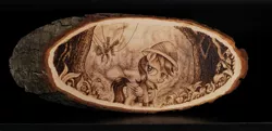 Size: 1280x618 | Tagged: safe, artist:horseez, derpibooru import, daring do, rainbow dash, pegasus, pony, duo, duo female, female, forest, hanging, mare, pyrography, traditional art