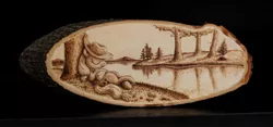 Size: 1280x599 | Tagged: safe, artist:horseez, derpibooru import, applejack, earth pony, pony, female, mare, on back, pyrography, river, sleeping, smiling, solo, traditional art, tree