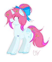 Size: 1024x1209 | Tagged: safe, artist:chococakebabe, derpibooru import, oc, oc:bubble twist, pony, unicorn, bow, female, hair bow, happy, mare, simple background, solo, transparent background