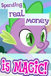 Size: 316x474 | Tagged: caption, costs real money, derpibooru import, dragon, editor:useraccount, expand dong, exploitable meme, fangs, gameloft, greedloft, image macro, male, meme, safe, smiling, solo, spike, winged spike, wow! glimmer