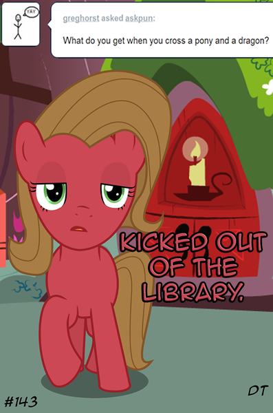 Size: 600x907 | Tagged: safe, artist:diegotan, derpibooru import, oc, oc:pun, earth pony, pony, ask pun, ask, female, golden oaks library, mare, pun, solo