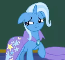 Size: 516x470 | Tagged: safe, derpibooru import, screencap, trixie, pony, unicorn, a matter of principals, cape, chalkboard, clothes, cute, diatrixes, female, floppy ears, hat, mare, one hoof raised, raised hoof, smiling, solo, trixie's cape, trixie's hat