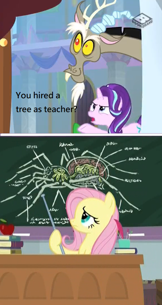 Size: 576x1080 | Tagged: safe, derpibooru import, edit, edited screencap, screencap, discord, fluttershy, starlight glimmer, draconequus, pegasus, pony, unicorn, a matter of principals, school daze, chalkboard, fluttertree