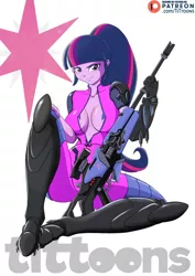 Size: 900x1273 | Tagged: suggestive, artist:tittoons, derpibooru import, twilight sparkle, equestria girls, breasts, busty twilight sparkle, clothes, cosplay, costume, cutie mark background, female, gun, overwatch, ponytail, smiling, solo, solo female, weapon, widowmaker