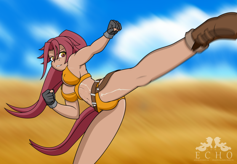 Size: 2600x1800 | Tagged: abs, anthro, armpits, artist:ponyecho, bikini, breasts, clothes, derpibooru import, female, fingerless gloves, gloves, kick, muscles, oc, oc:nell clearfield, partial nudity, raider, raised leg, scar, solo, solo female, suggestive, swimsuit