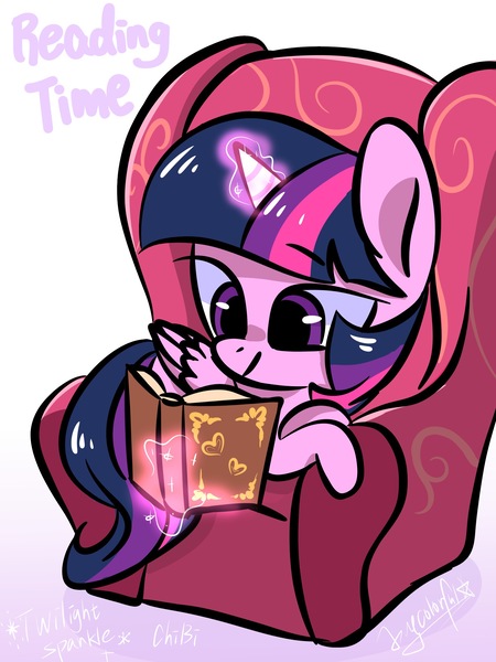 Size: 1536x2048 | Tagged: safe, artist:colorfulcolor233, derpibooru import, twilight sparkle, twilight sparkle (alicorn), alicorn, pony, book, chair, chibi, cute, dawwww, female, glowing horn, gradient background, magic, mare, reading, solo, telekinesis, twiabetes, weapons-grade cute