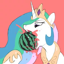 Size: 1000x1000 | Tagged: safe, artist:baigak, derpibooru import, princess celestia, alicorn, pony, crown, eating, female, food, herbivore, hoof shoes, horseshoes, jewelry, majestic as fuck, mare, not blood, peytral, regalia, solo, suggestive source, watermelon