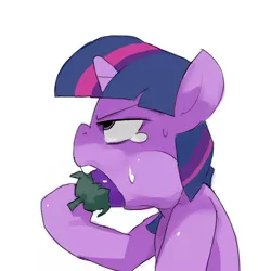 Size: 2000x2000 | Tagged: suggestive, artist:baigak, derpibooru import, twilight sparkle, pony, unicorn, eggplant, female, food, gag reflex, open mouth, solo, solo female, suggestive eating, sweat, teary eyes, unamused