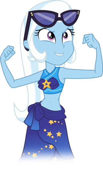 Size: 694x1152 | Tagged: safe, derpibooru import, trixie, equestria girls, equestria girls series, forgotten friendship, clothes, flexing, pose, sarong, simple background, smiling, solo, swimsuit, transparent background