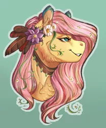 Size: 1024x1229 | Tagged: safe, artist:biakela, derpibooru import, fluttershy, pony, bust, feather, female, flower, looking away, mare, outline, portrait, profile, simple background, smiling, solo