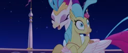 Size: 1920x808 | Tagged: classical hippogriff, derpibooru import, duo, eyes closed, faic, female, flower, flower in hair, hippogriff, hug, laughing, mother and daughter, my little pony: the movie, oh crap face, princess skystar, queen novo, rainbow (song), safe, screencap, shocked, smiling, surprised, wide eyes, you are so grounded