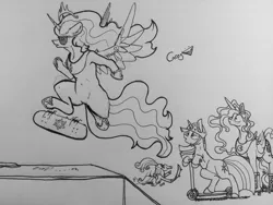 Size: 1280x960 | Tagged: alicorn, artist:greyscaleart, derpibooru import, faceplant, freckles, jewelry, monochrome, oof, princess cadance, princess celestia, princess luna, ramp, regalia, roller skates, safe, scooter, signature, skateboard, smiley face, sunglasses, traditional art, twilight sparkle