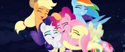 Size: 1920x808 | Tagged: safe, derpibooru import, screencap, applejack, fluttershy, pinkie pie, rainbow dash, rarity, pony, seapony (g4), my little pony: the movie, eyes closed, fin wings, group hug, hat, horn, hug, mane five, sea ponies, seaponified, seapony applejack, seapony fluttershy, seapony pinkie pie, seapony rainbow dash, seapony rarity, species swap, underwater