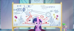 Size: 1920x808 | Tagged: safe, derpibooru import, screencap, spike, twilight sparkle, twilight sparkle (alicorn), alicorn, dragon, pony, my little pony: the movie, eclipse, fancy mathematics, female, golden ratio, levitation, magic, mare, math, phi, physics, princess luna is amused, psi, quantum mechanics, refraction, schrodinger equation, solar eclipse, special relativity, telekinesis, theta, whiteboard