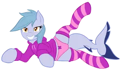 Size: 5000x3000 | Tagged: artist:rune-blad3, clothes, derpibooru import, female, fins, hoodie, looking at you, mare, oc, oc:hatii, original species, panties, pink underwear, presenting, shark pony, sharp teeth, simple background, socks, solo, solo female, spreading, striped socks, suggestive, teeth, transparent background, underwear