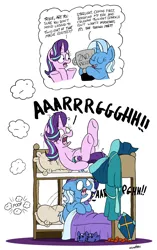 Size: 2451x3909 | Tagged: safe, artist:bobthedalek, derpibooru import, starlight glimmer, trixie, pony, unicorn, bed mane, bunk bed, chubby, clothes, dream, duo, female, horn impalement, horn poke, implied twilight sparkle, kite, literal butthurt, mare, nightmare, pain, screaming, shrunken pupils, simple background, slippers, trixie's nightcap, trophy, unicorn problems, white background