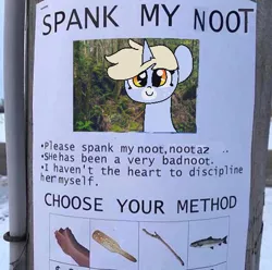 Size: 540x535 | Tagged: artist:nootaz, bacon, derpibooru import, fish, food, implied spanking, looking at you, meat, meme, noot abuse, oc, oc:nootaz, paddle, safe, stick, unofficial characters only