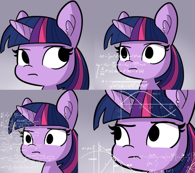 Size: 3749x3331 | Tagged: source needed, safe, artist:tjpones, derpibooru import, edit, twilight sparkle, twilight sparkle (alicorn), alicorn, pony, chalkboard, confused, cropped, fancy mathematics, hilarious in hindsight, image macro, math, math lady meme, meme, ponified meme, reaction image, solo, thinking